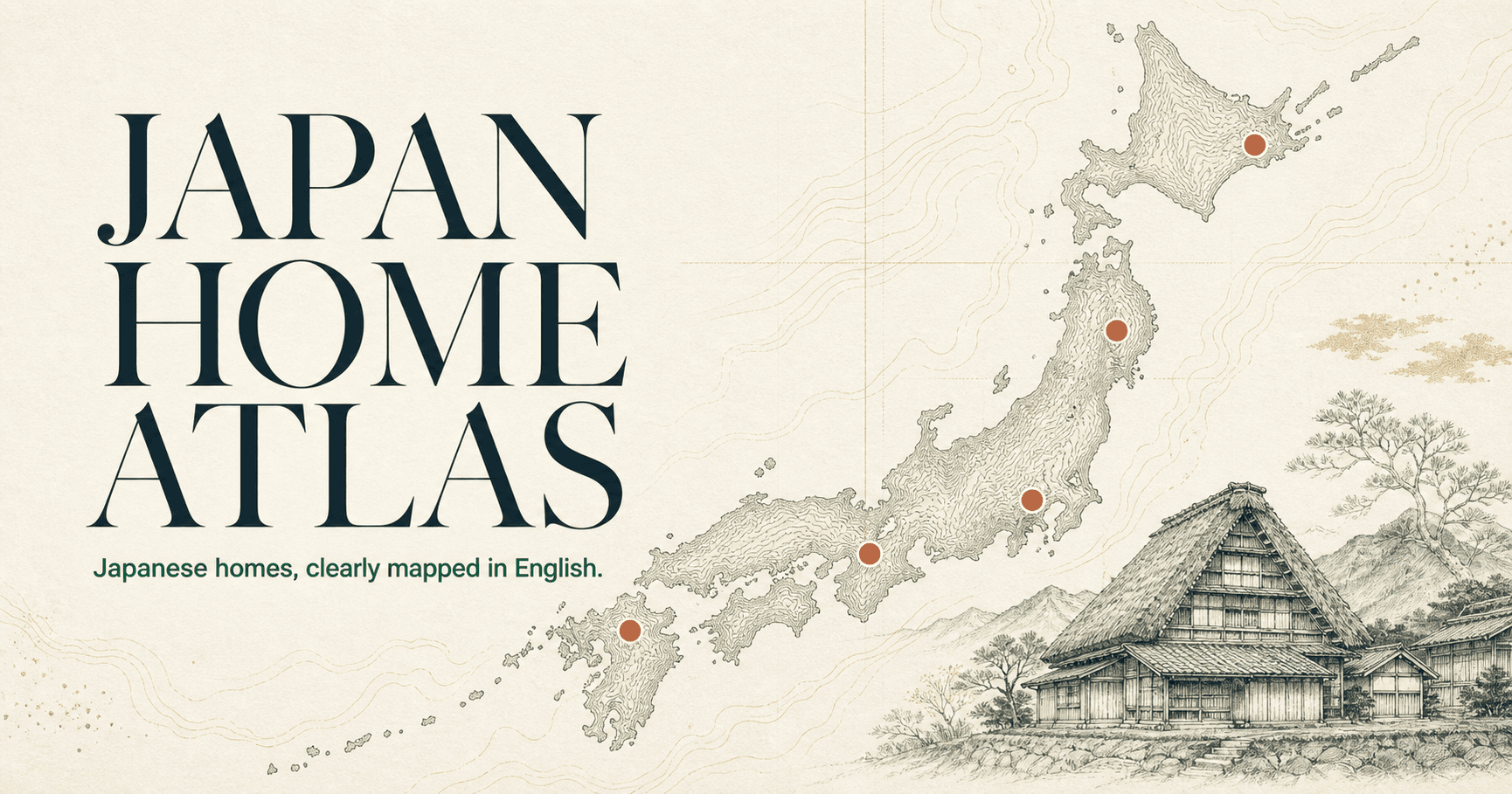 Hand-drawn map of Japan with traditional Japanese homes